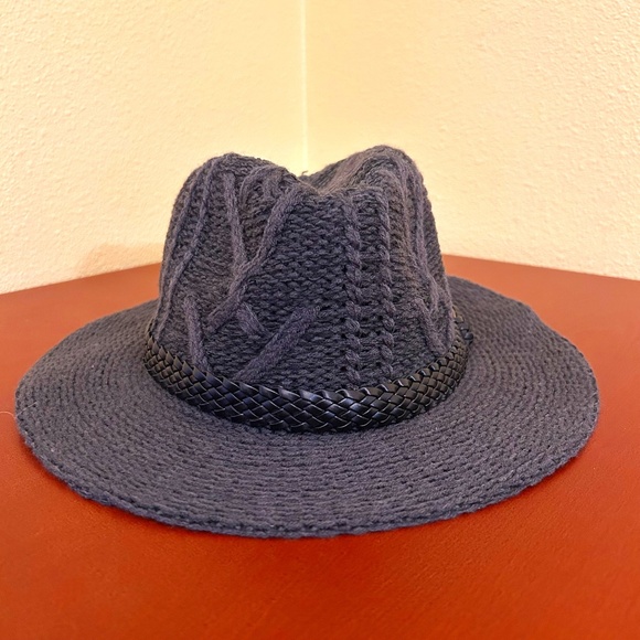 Accessories - Grey Soft Knit  Fedora Hat with Black Braided Leather Band